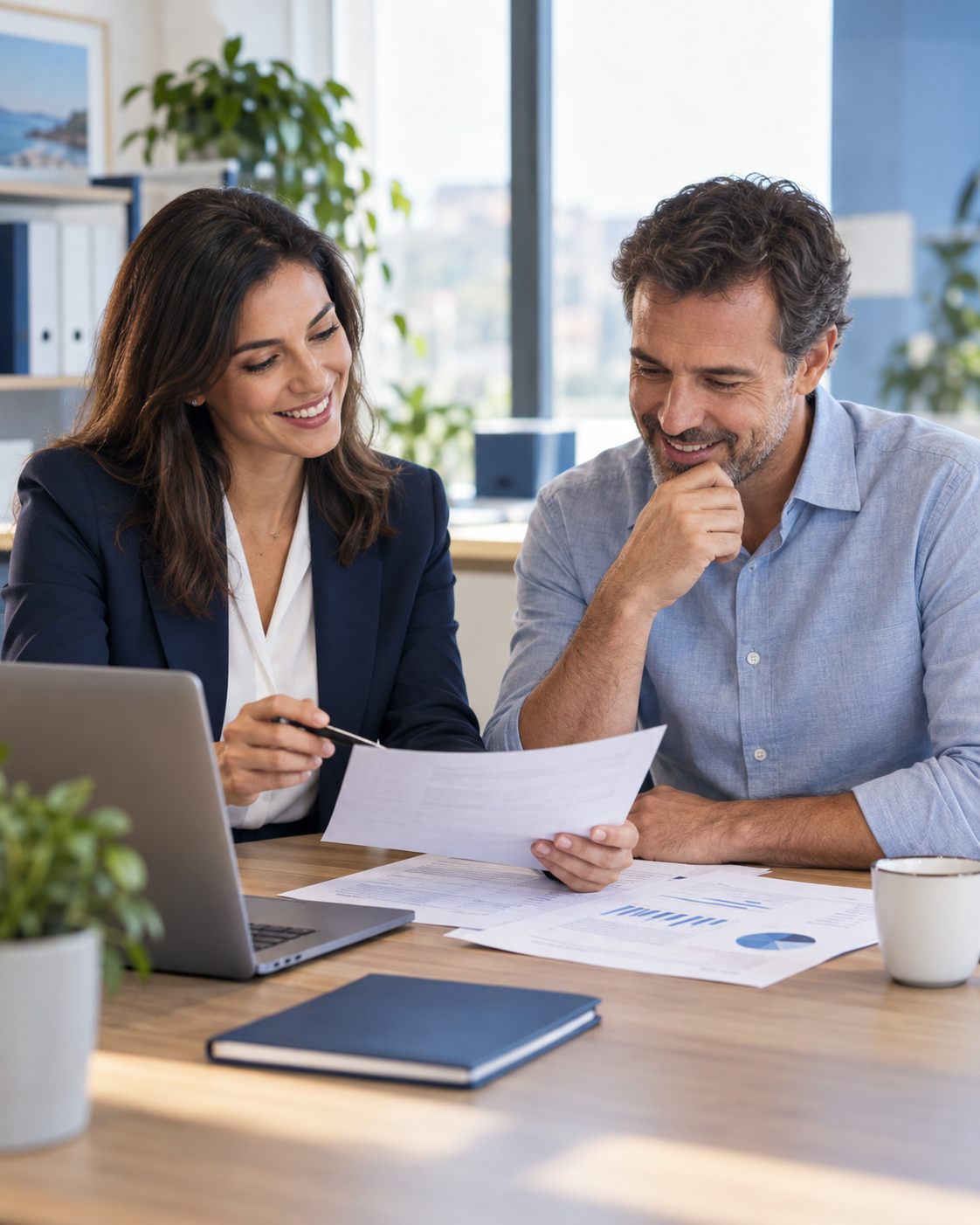 Consultora a acompanhar um empresário na análise de informação financeira