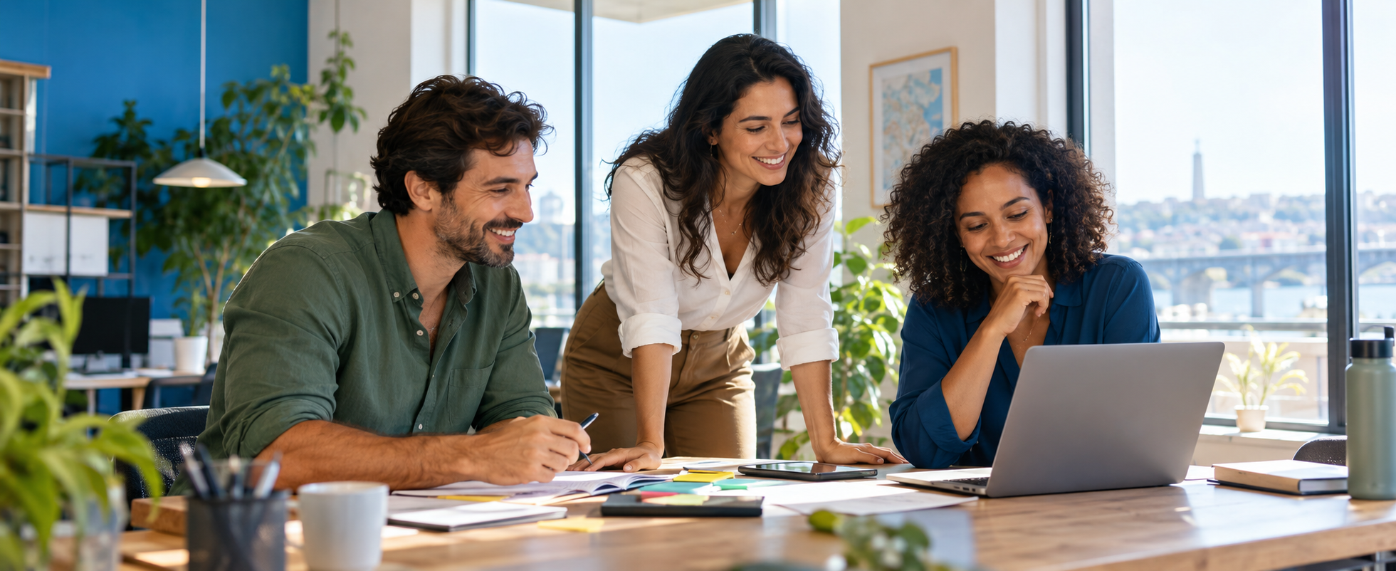 Profissionais a colaborar num ambiente de trabalho luminoso